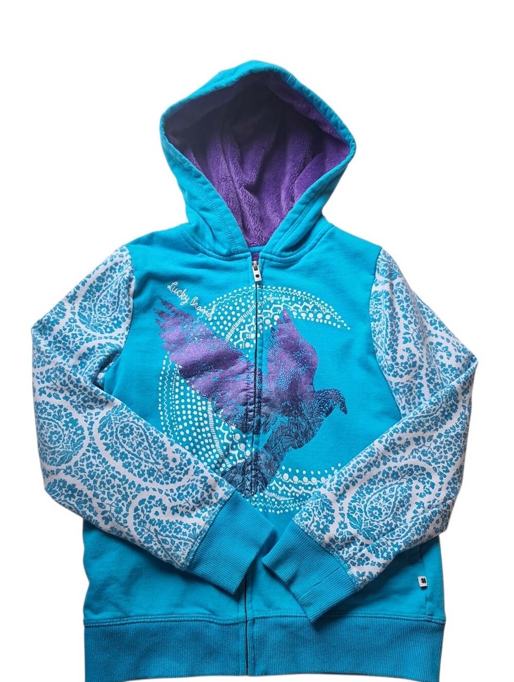 Lucky Brand Teal Zip Hoodie with Bird Graphic Girl's Size M 10/12
